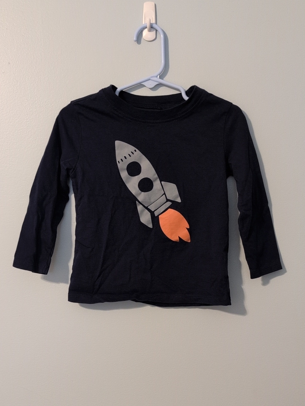 Navy Long Sleeve Tee with Gray Rocket and Orange Flame